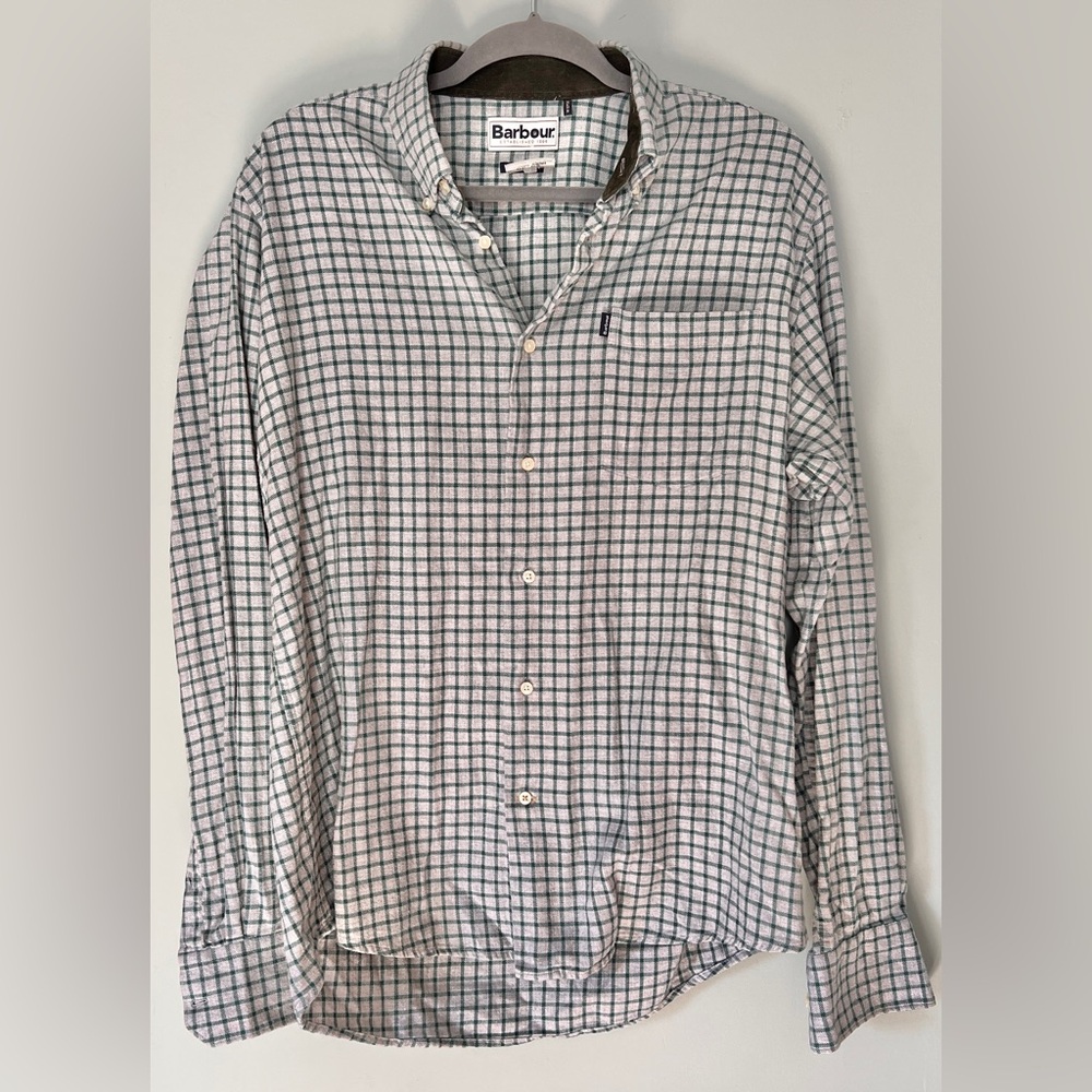 Men’s Barbour Dalby Tailored Fit Button Down Flannel Grey Green Plaid Medium